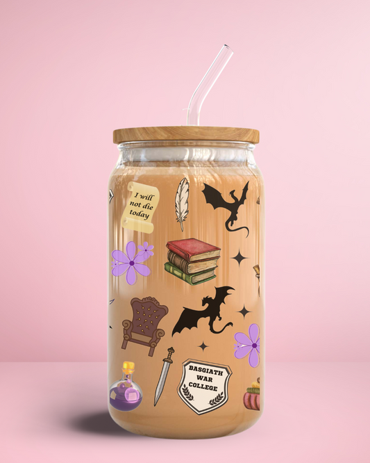 Fantasy inspired 16 oz Clear Glass Cup with Bamboo lid and Glass Straw