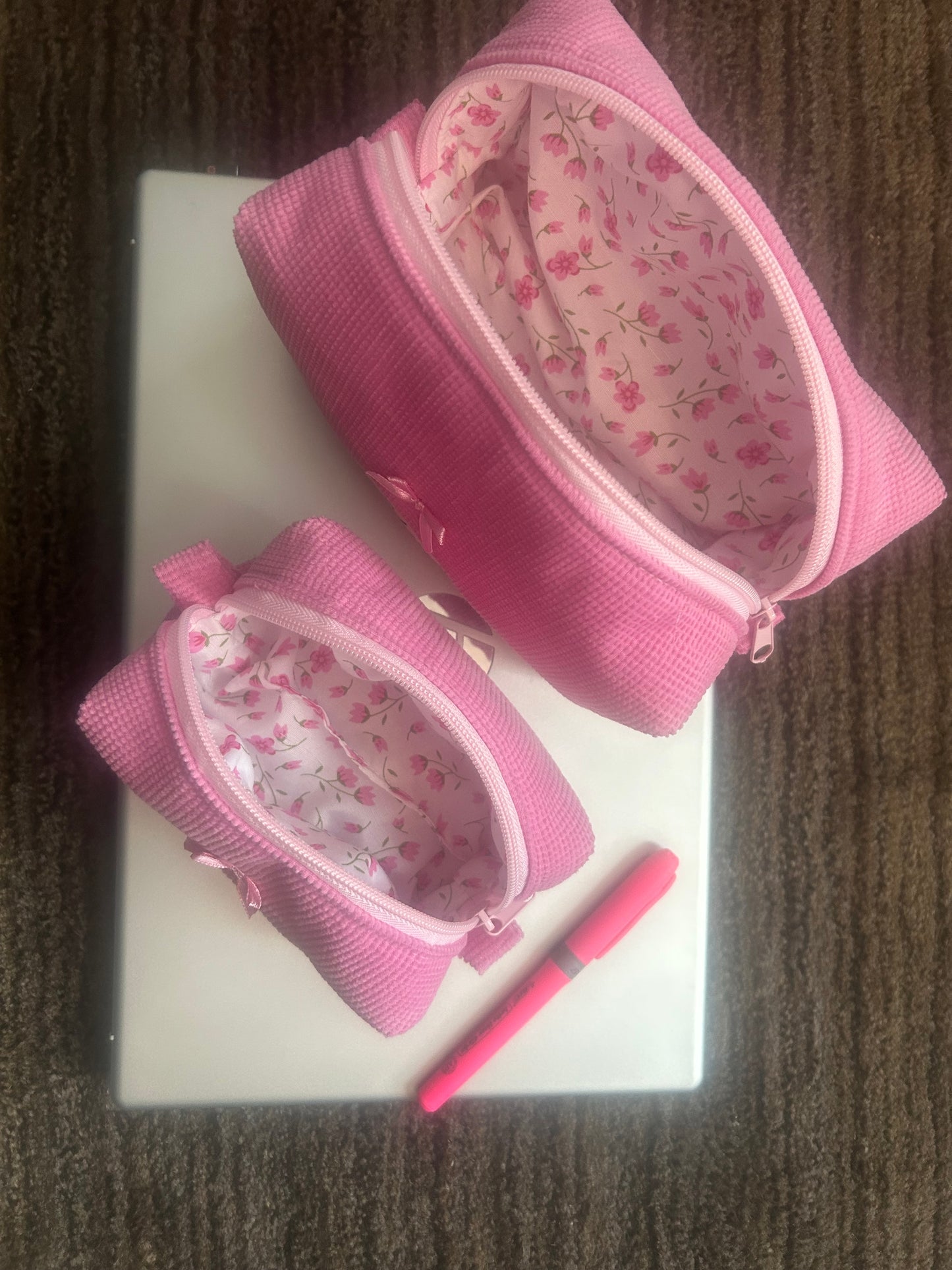 Pink Corduroy Makeup Bag